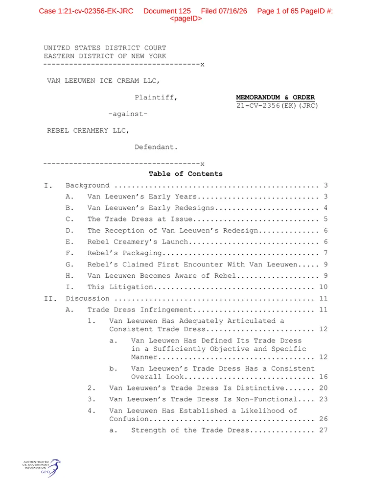 First page of the July 16, 2026 memorandum and order in Van Leeuwen Ice Cream LLC v. Rebel Creamery LLC.