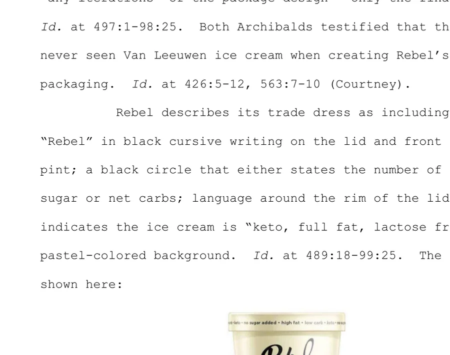 Court opinion excerpt showing a light-colored Rebel vanilla ice cream pint discussed in the packaging comparison.