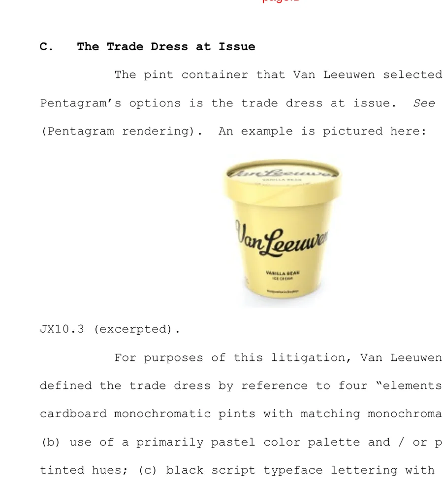 Court opinion excerpt showing a yellow Van Leeuwen ice cream pint and the four trade-dress elements described in the litigation.